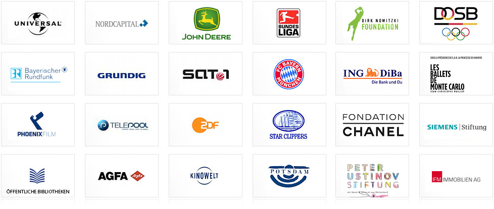 Some Companies and Projects I have worked for ... Universal Music, Nordcapital, BR - Bayerischer Rundfunk, Bayerisches Fernsehen, Bundesliga, DFL, DOSB Deutscher Olympischer Sportbund, Dirk Nowitzki Foundation Stiftung, GRUNDIG, Sat.1, FC Bayern, Telepool, ZDF, Star Clippers, Oeffentliche Bibliotheken, AGFA, Kinowelt, City of Potsdam, JOHN DEERE, Bundesliga, DFL Stiftung, Les Ballets de Montecarlo, SIEMENS STIFTUNG, IFM Immobilien, ...